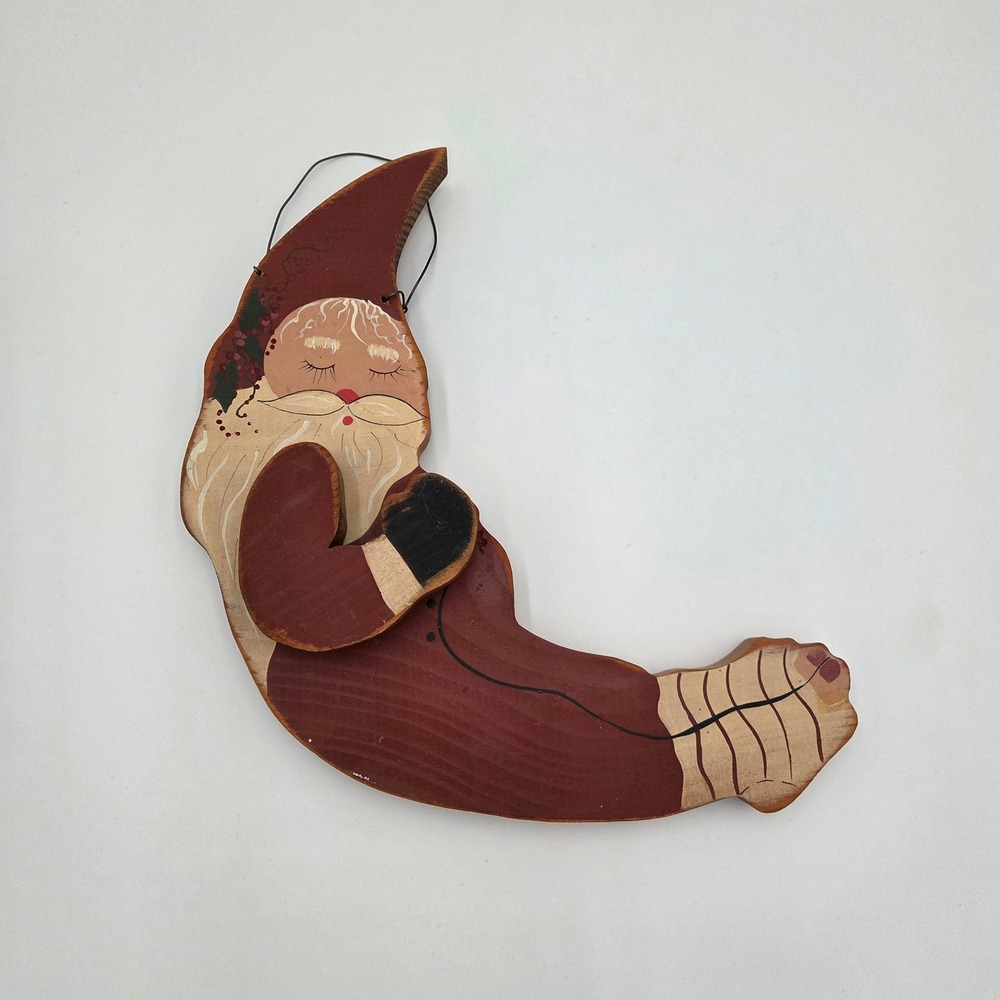 Vintage Folk Art Wooden Santa Claus Moon Hanging Christmas Ornament‎ Rustic